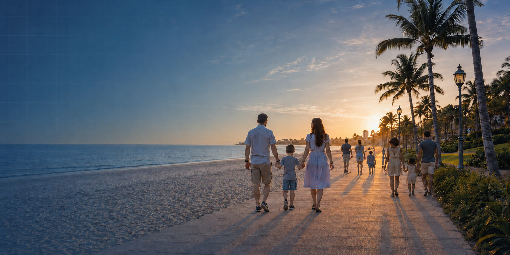 Florida family walking together along a palm-lined beach boardwalk at sunset